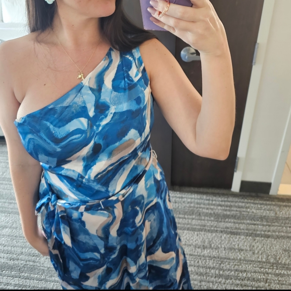 NWOT Nicole Miller Blue and White Satin One-Shoulder Maxi Dress - Picture 2 of 7